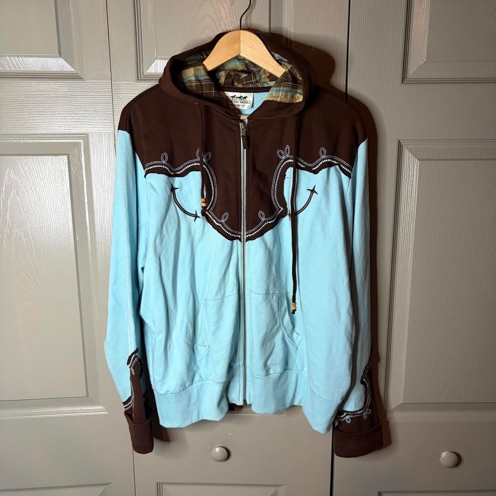 Back in the Saddle Vintage Western Hoodie Blue Brown Plaid Zip Up XL Women